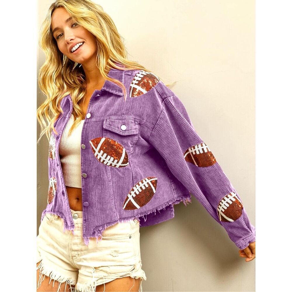 BiBi Purple Football Sequin Corduroy Jacket Gameday Raw Hem Shacket XL NEW - Picture 3 of 10